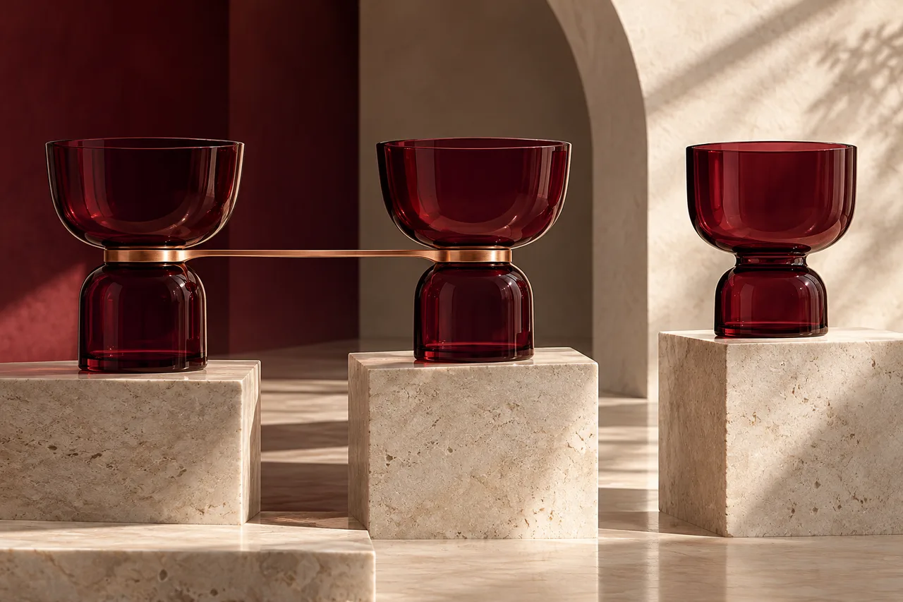 Connected and separate burgundy glass vessels; original jackpot-structure illustration.