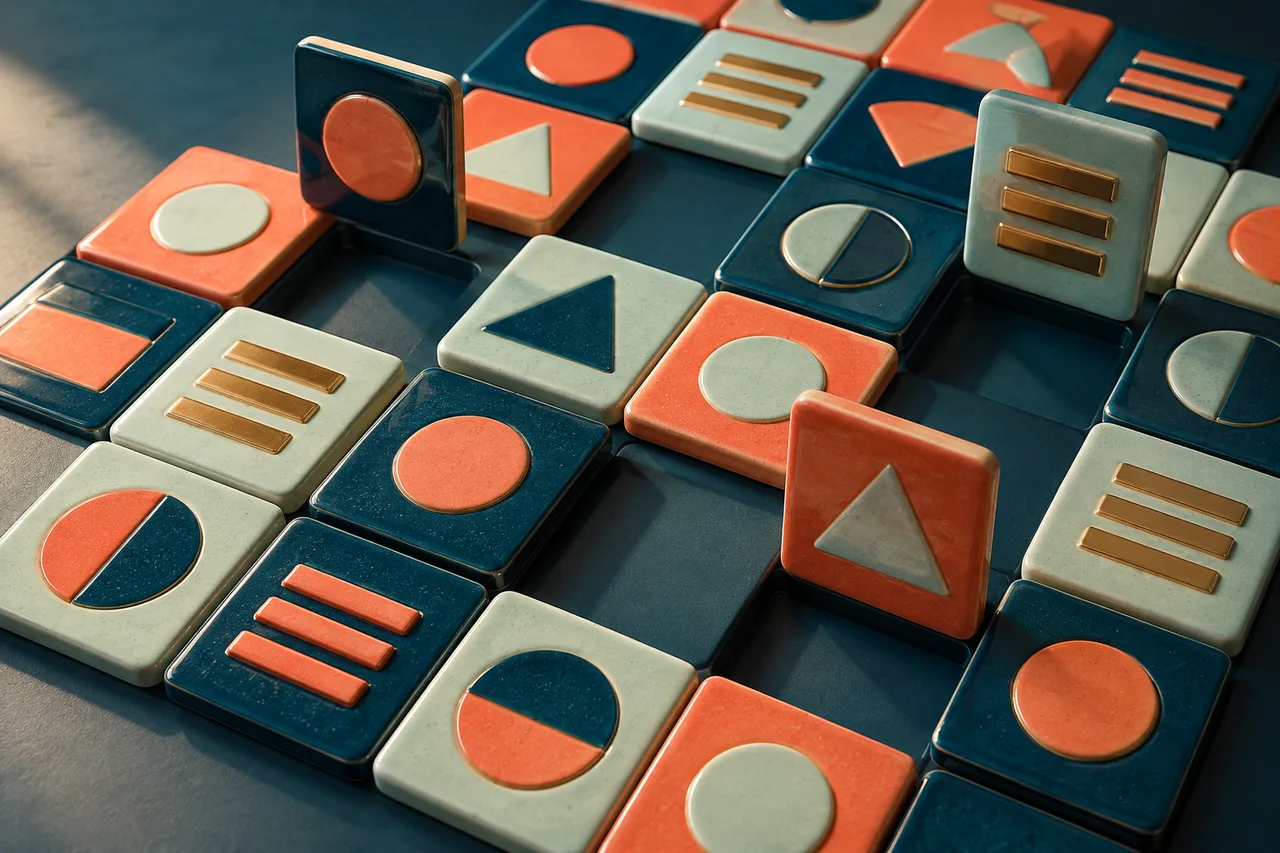 Teal and coral ceramic tiles with lifted shapes; original grid-format illustration.