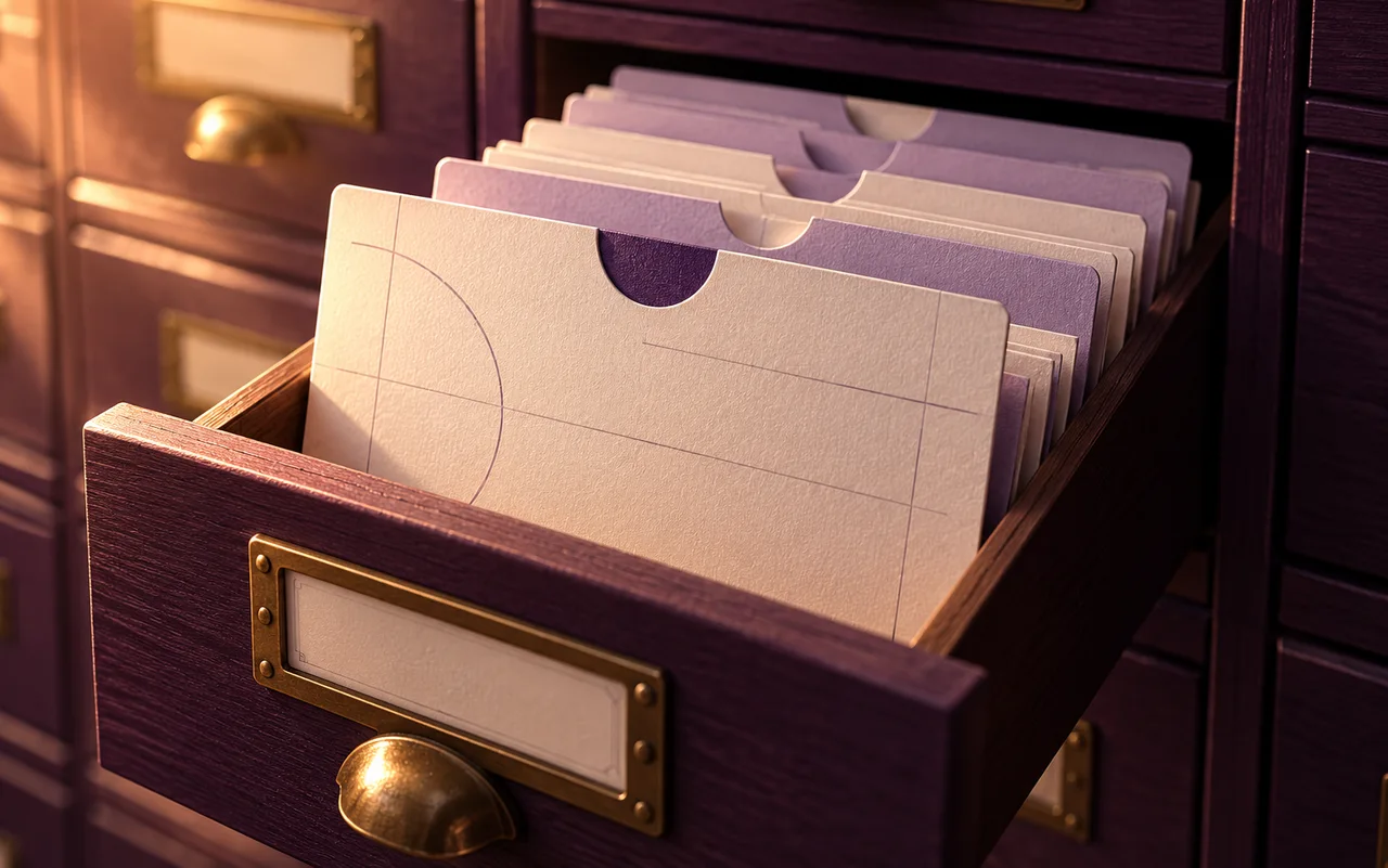 A lavender card drawn forward from a library catalogue drawer.