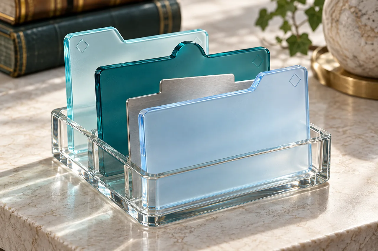Three distinct translucent catalogue cards and dividers in cyan glass, illustrating separate editions.